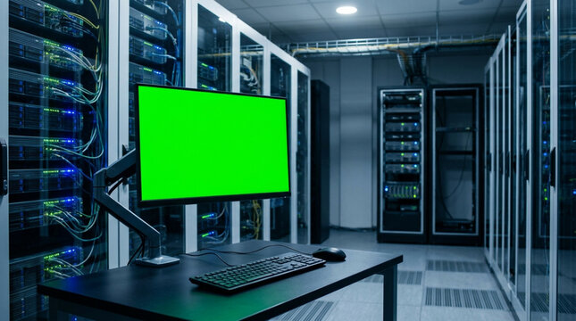 Server room with green screen monitor and racks