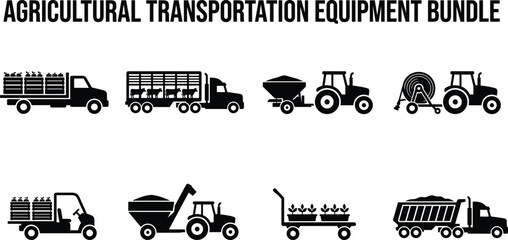 Agricultural Transportation Equipment Black Silhouette Icon Bundle for Farming Logistics and Rural Machinery Graphic Design © Hello World