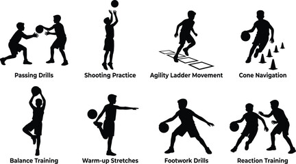 Basketball youth training silhouettes set featuring player agility drills dribbling shooting practice and warm up stretches © Hello World