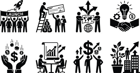Obraz premium Business Growth and Startup Launch Icon Set Featuring Financial Investment Strategy and Global Expansion Pictograms