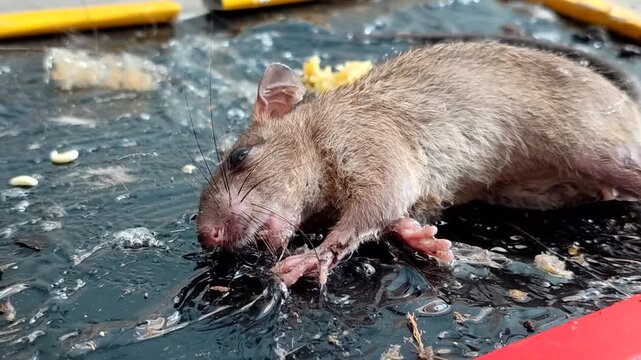 A rat trapped on a glue trap a concept for effective household pest control