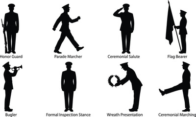 Ceremonial military silhouettes vector set featuring honor guard parade marching flag bearer salute and bugler © Hello World