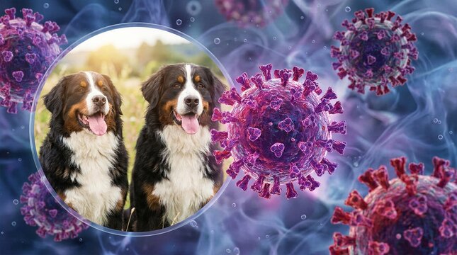 Veterinary science illustration showing two beautiful dogs protected inside a bubble from dangerous purple viruses.