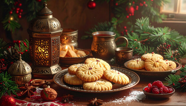 Middle Eastern Festive Cookies and Ornate Lantern on Holiday Table