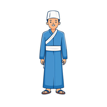 Man in Traditional Blue Kimono and Happi Coat Illustration