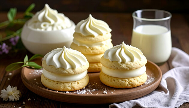 Cream Sandwich Cookies with Whipped Topping and Milk