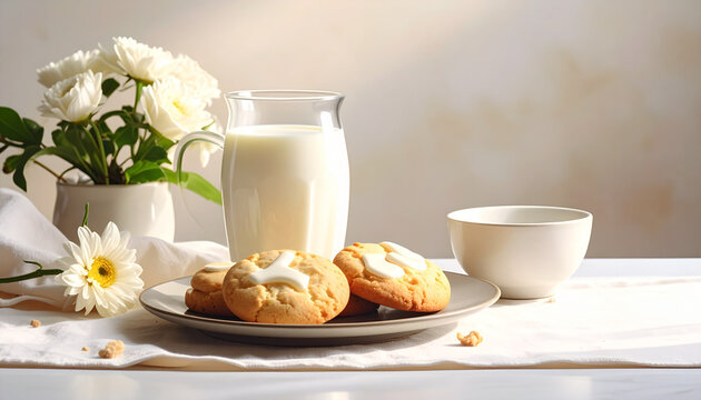 Fresh Milk in Glass and Cookies with White Flowers on Table