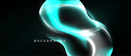 Naklejka premium Abstract glowing form. Teal, white light curves create dynamic shape against dark background. Modern design element.