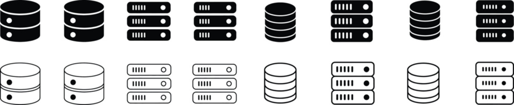 Server and database storage icon set for cloud computing and data management systems in flat and linear design.