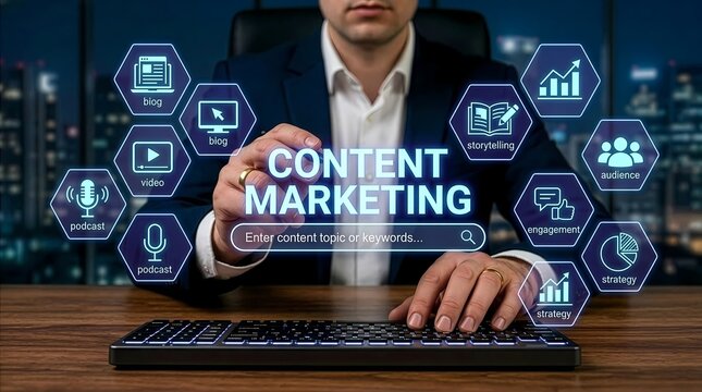 Content marketing specialist using digital interface for website strategy