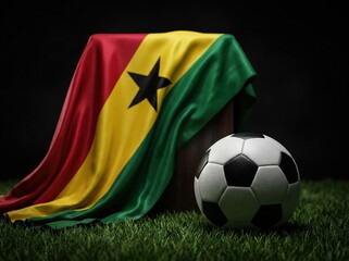 Fototapeta premium Soccer ball resting on Ghana national flag in dark grassy field with dramatic lighting