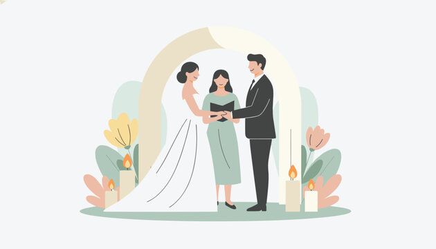 Bride and groom exchanging vows at a wedding altar under a floral arch with an officiant reading from a book.