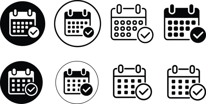 Set of calendar icons with check mark sign for task completion illustration flat vector design element collection.