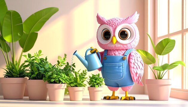 Adorable owl cartoon watering a potted houseplant in a cozy home setting. A charming vector illustration perfect for gardening, plant care, eco-friendly lifestyle, and commercial designs.