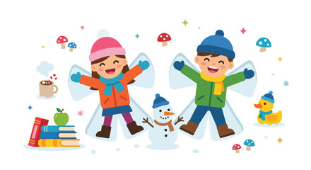 Naklejka premium Two happy children lying in the snow making angels, surrounded by a snowman, a stack of books, a hot beverage, and a rubber duck in a winter scene.