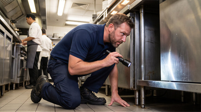 Pest Control Technician Inspecting Floor in Commercial Kitchen