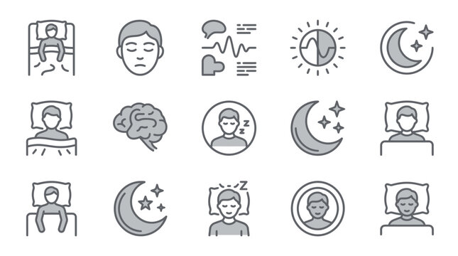 Sleep science and dreaming brain line icons.