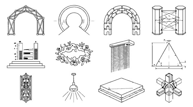 Collection of architectural technical drawings and structural engineering diagrams in black and white line art.