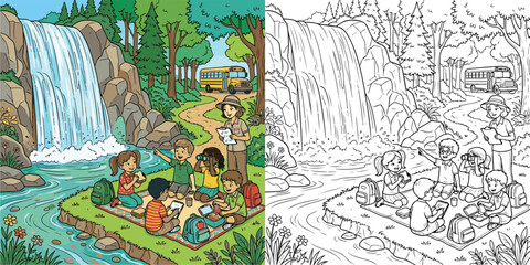 waterfall picnic adventure school student boy girl educational study tour adventure cartoon clipart and lineart print vector illustration for color coloring book