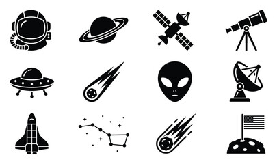 vector, icon set, space icons, astronomy icons, science icons, astronaut helmet, planet, saturn, satellite, telescope, ufo, alien, alien head, rocket, spaceship, meteor, asteroid, comet, constellation © Sami