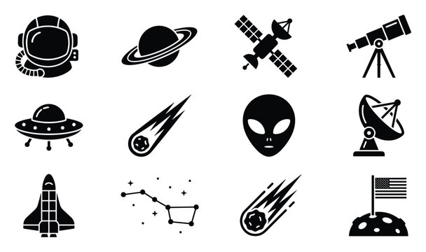 vector, icon set, space icons, astronomy icons, science icons, astronaut helmet, planet, saturn, satellite, telescope, ufo, alien, alien head, rocket, spaceship, meteor, asteroid, comet, constellation