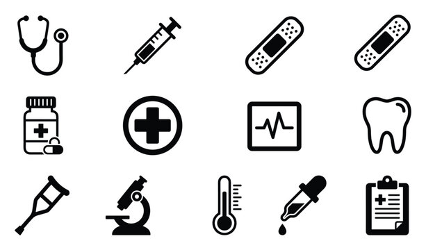 Medical and healthcare vector icon set with stethoscope, syringe, bandage, first aid kit, hospital cross, heart monitor, tooth, microscope and thermometer symbols, editable outline collection for clin