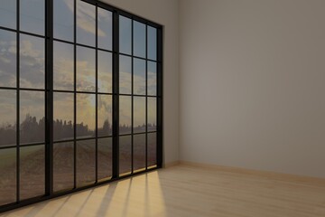 A minimalist, empty room interior featuring soft, dim lighting that evokes the atmosphere of a late afternoon after the rain. The space showcases clean, modern minimalist architecture © asep