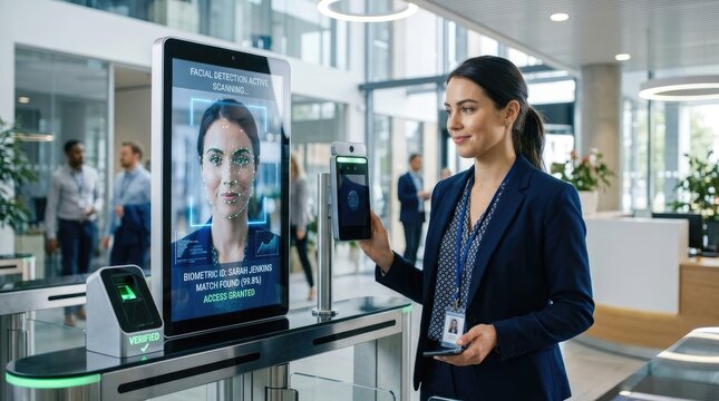 A woman is scanning her face at a biometric access control system. She holds a smartphone displaying a confirmation message.