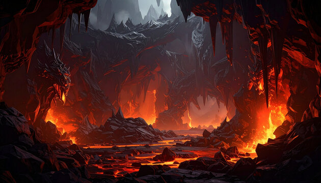 Fantasy Dragon Underworld Cave with Glowing Lava