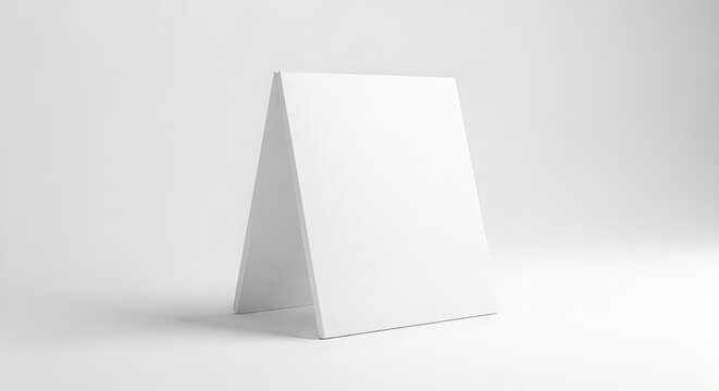 Blank white table tent card mockup standing on clean bright studio background.