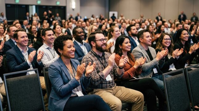 A large crowd of people are clapping and smiling during a conference or event. Several individuals are seated in rows of chairs, appearing engaged and enthusiastic.