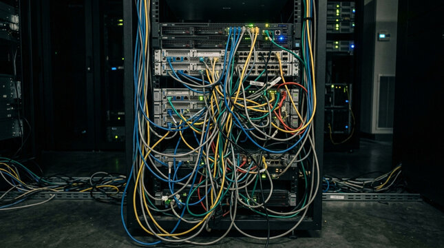 Messy network cables connected to server rack in data center