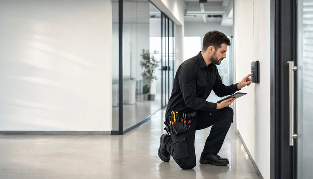 Professional security technician kneeling and programming a keypad access control system with a tablet in a modern office hallway, white adult man in black work uniform.