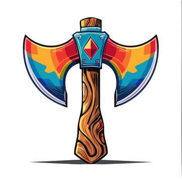 Colorful double headed axe with gemstone and wooden handle