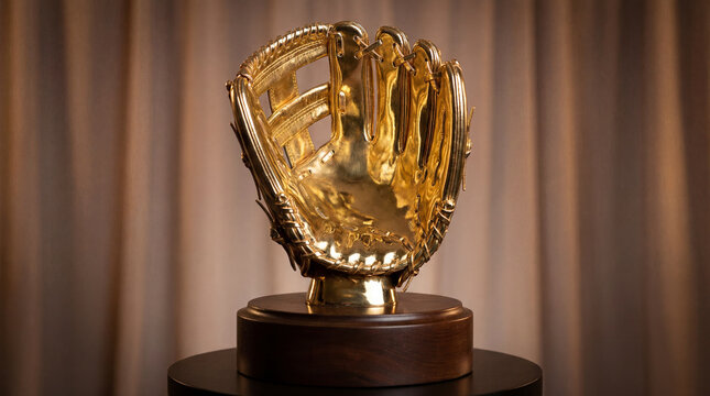 A gleaming gold baseball trophy shaped like a glove sitting on a pedestal in display