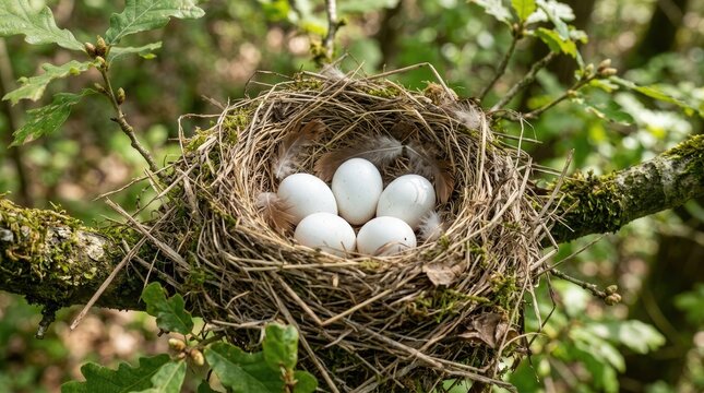 A robin builds a nest in a tree branch. The nest contains five white eggs.