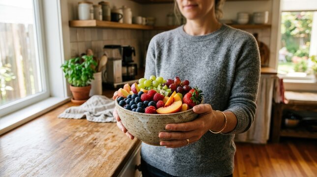 A woman holds a bowl of colorful fresh fruit in a kitchen. She is smiling and appears happy.