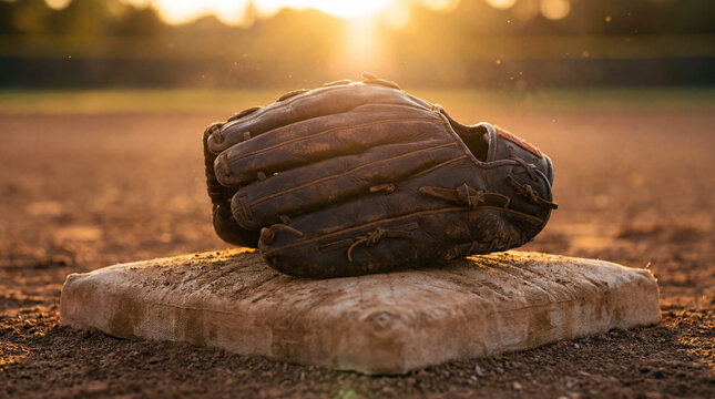 A well-oiled baseball glove resting on a base with warm golden sunlight rays shining down