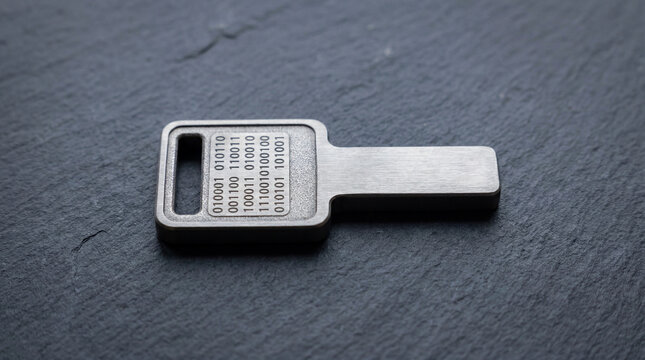 A brushed titanium security key with vertical rows of binary numbers engraved high-tech digital access