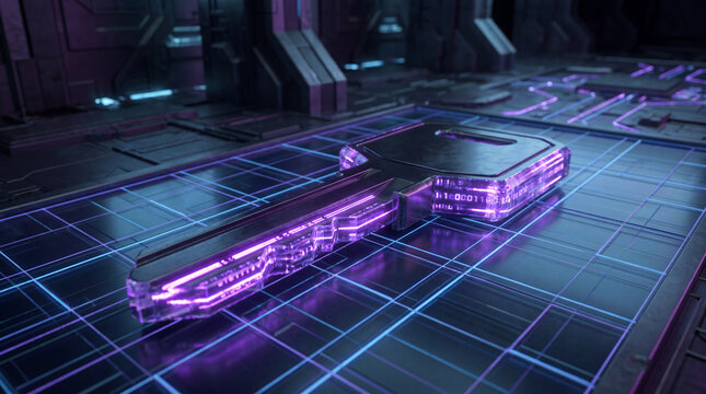 A high-tech digital key pulsing with purple LED binary data lines glowing security advanced technology