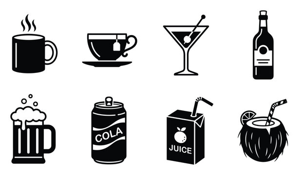 Beverage and drink vector icon set with coffee cup, tea cup, cocktail glass, wine bottle, beer mug, soda can, juice box and coconut drink symbols, editable outline collection for cafe and bar design