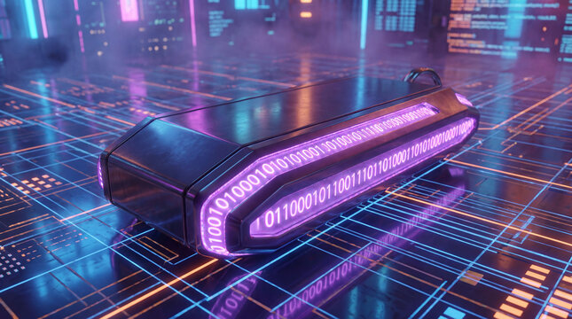 Advanced Digital Key Radiates Purple LED Binary Signals Across Metallic Surface for Secure Data Access