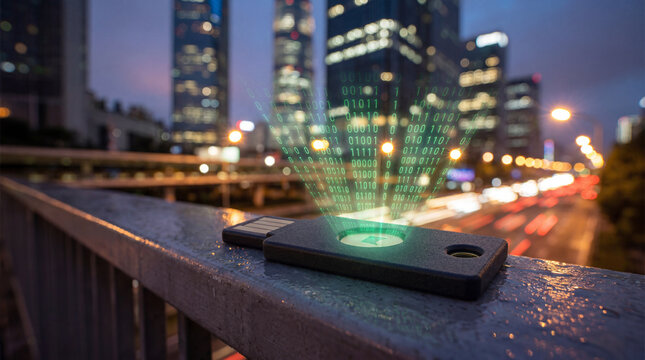A dark polymer security key emitting a bright green binary matrix pattern glowing digital technology