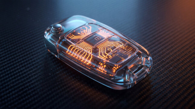 An advanced electronic key with a translucent shell revealing glowing orange binary interior high-tech design