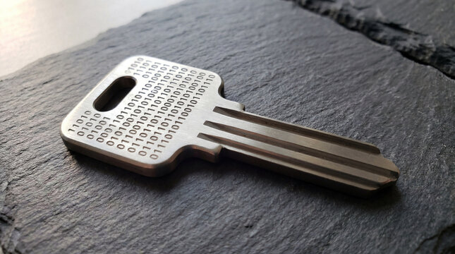 A brushed titanium security key with vertical rows of binary numbers engraved on its surface