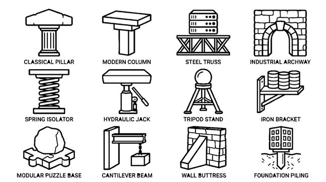 Collection of architectural and structural engineering icons including pillars columns trusses and foundation elements.