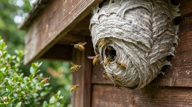 Several wasps are actively building a nest on a weathered wooden structure. The nest is a large, papery construction with multiple chambers.