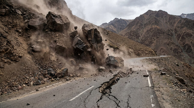 Dramatic disaster scene of violent rockslide of giant boulders smashing into a deserted mountain highway