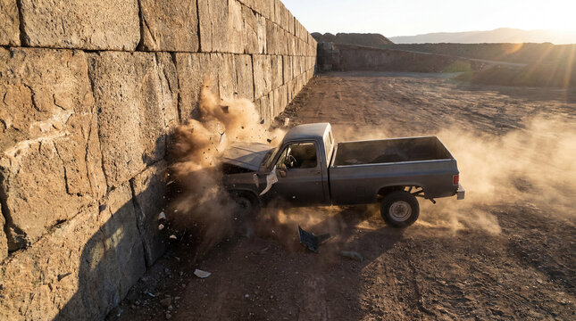 Action scene of a generic pickup truck broadsiding a massive stone wall exploding into shower