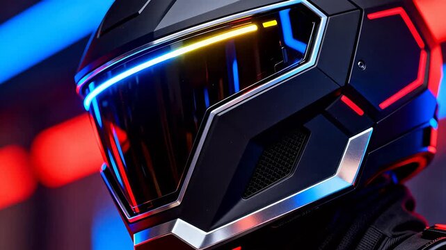 Closeup of futuristic helmet with neon lights